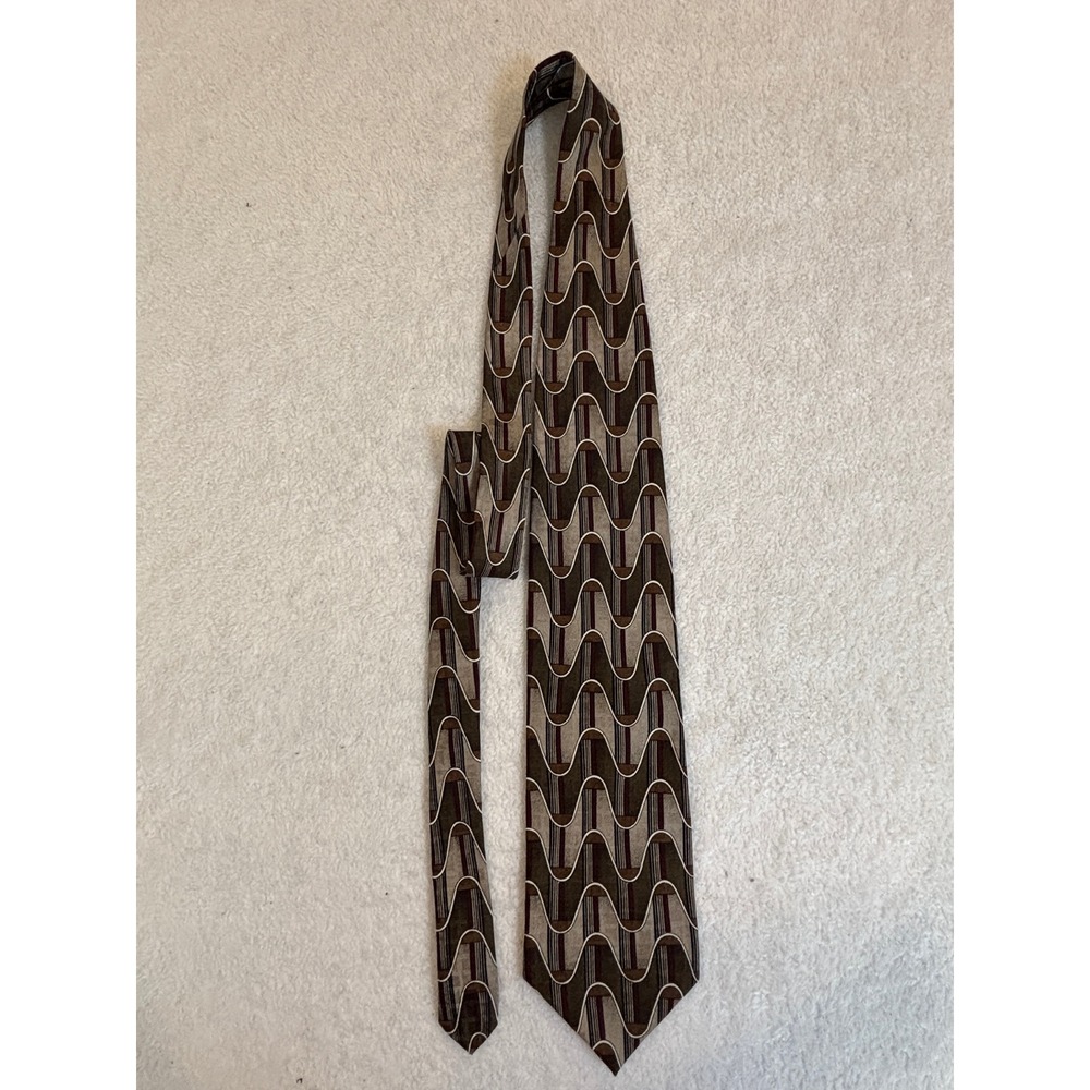 Pierre Balmain Couture Silk Necktie Brown Tan Geometric Wave Abstract Mens Tie